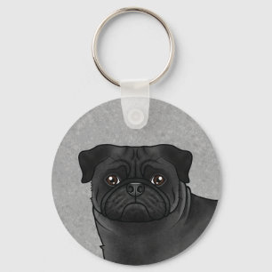 Black Pug Mops Dog Head Close-Up And Custom Name Keychain