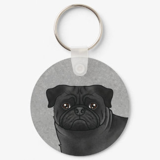 Black Pug Mops Dog Head Close-Up And Custom Name Keychain