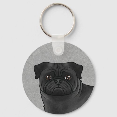 Black Pug Mops Dog Head Close_Up And Custom Name Keychain