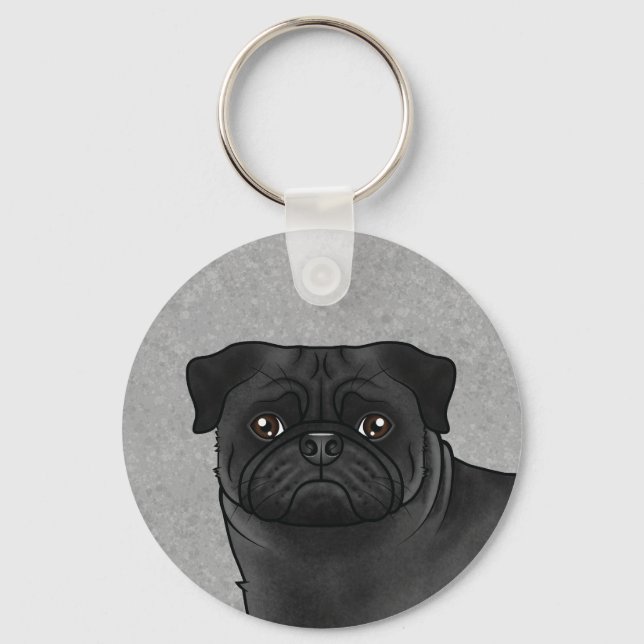 Black Pug Mops Dog Head Close-Up And Custom Name Keychain (Front)