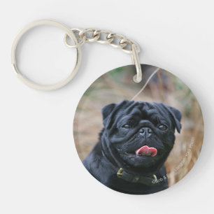 Black Pug Panting While Looking at Camera Keychain