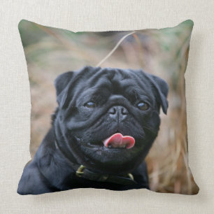 Black Pug Panting While Looking at Camera Throw Pillow