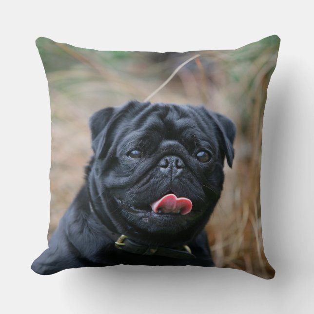 Black Pug Panting While Looking at Camera Throw Pillow (Front)