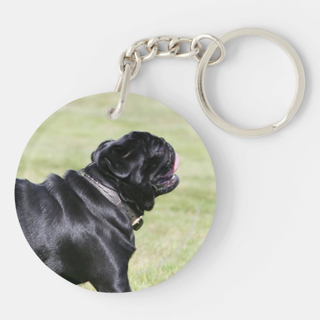Black Pug Panting While Walking Keychain (Back)