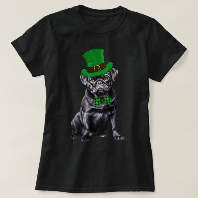 Black Pug Patricks Day Hat Funny St Patricks Day D T-Shirt (Design Front)