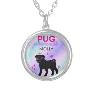 BLACK" PUG PRINCESS" SILVER PLATED NECKLACE