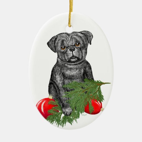 Black Pug Puppy Adorable Christmas Art Ceramic Ornament