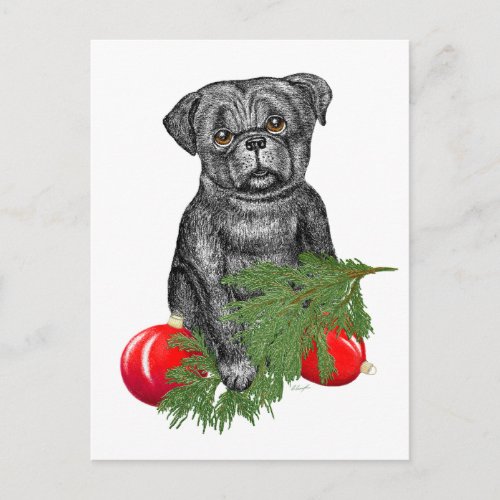 Black Pug Puppy Adorable Christmas Art Holiday Postcard