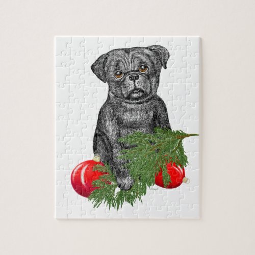 Black Pug Puppy Adorable Christmas Art Jigsaw Puzzle