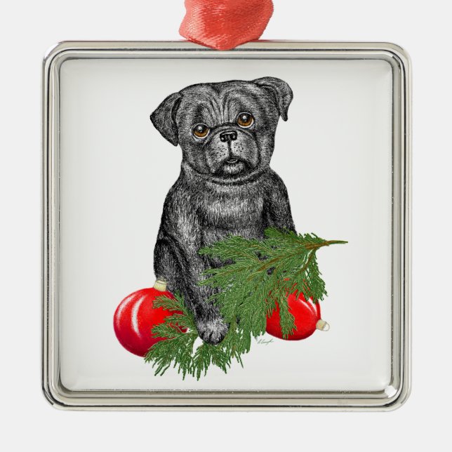 Black Pug Puppy Adorable Christmas Art Metal Ornament (Front)