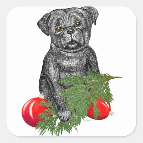 Black Pug Puppy Adorable Christmas Art Square Sticker