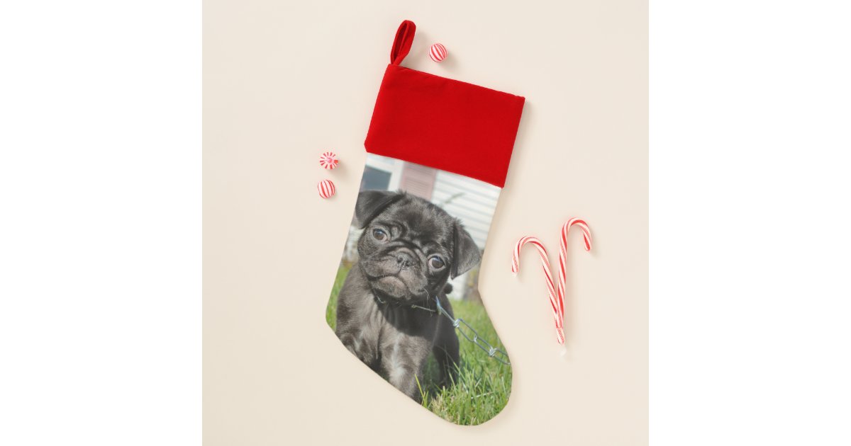 Black pug puppy christmas stocking Zazzle