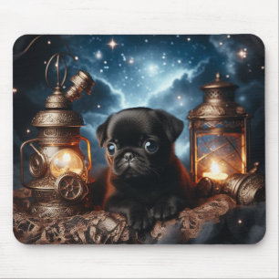 Black Pug Puppy with Vintage Lanterns Mouse Pad