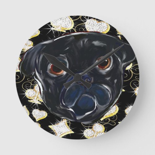 Black Pug Round Clock