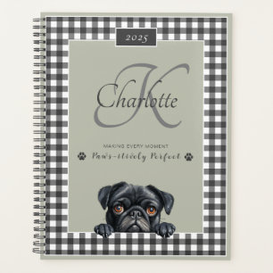 Black Pug Sage Green Gingham Custom Name Monogram Planner