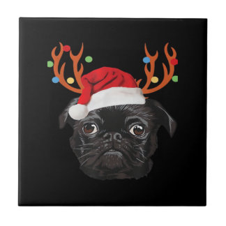 Black Pug Santa Christmas Reindeer Christmas Light Ceramic Tile