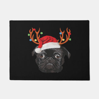 Black Pug Santa Christmas Reindeer Christmas Light Doormat