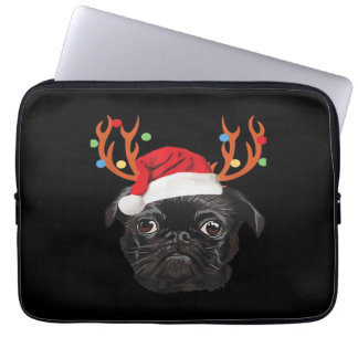 Black Pug Santa Christmas Reindeer Christmas Light Laptop Sleeve