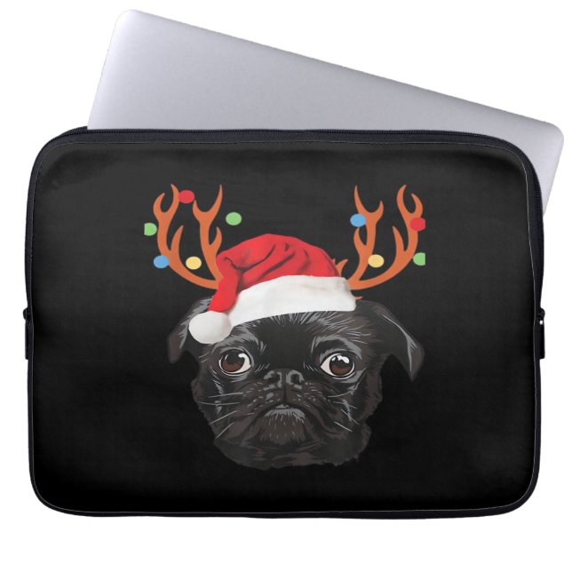 Black Pug Santa Christmas Reindeer Christmas Light Laptop Sleeve (Front)