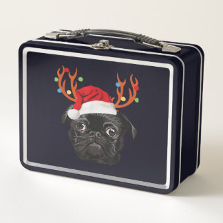 Black Pug Santa Christmas Reindeer Christmas Light Metal Lunch Box