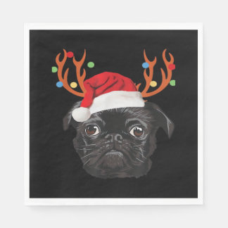 Black Pug Santa Christmas Reindeer Christmas Light Napkins