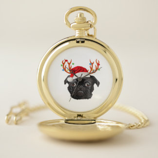 Black Pug Santa Christmas Reindeer Christmas Light Pocket Watch