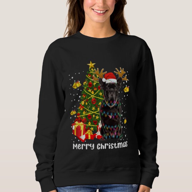Black Pug Santa Christmas Tree Lights Xmas Reindee Sweatshirt (Front)