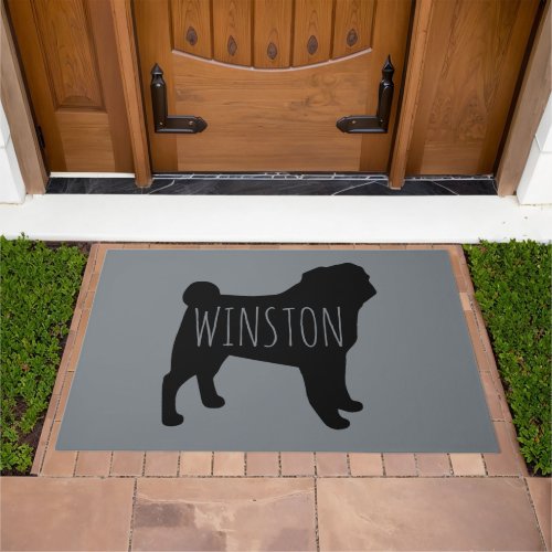 Black Pug Silhouette  Dog Lovers Personalized Doormat