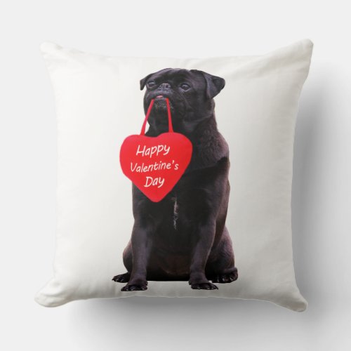 Black Pug Wishing Happy Valentines Day Throw Pillow