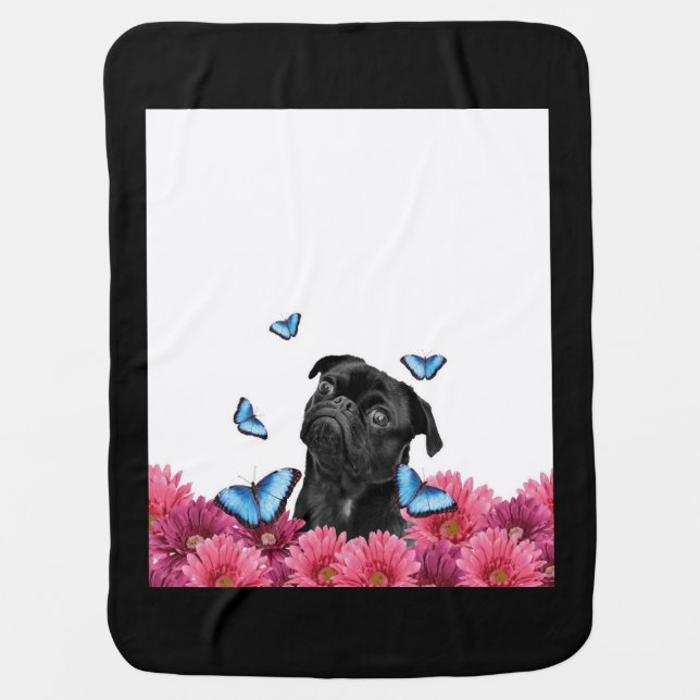 Black Pug With Blue Butterflies And Gerberas Baby Blanket (Front)