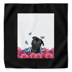 Black Pug With Blue Butterflies And Gerberas Bandana