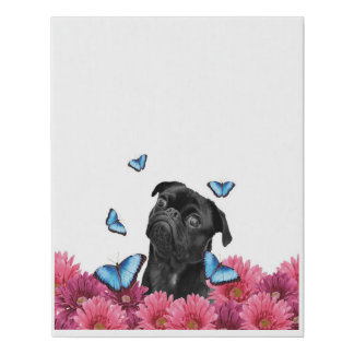 Black Pug With Blue Butterflies And Gerberas Faux Canvas Print