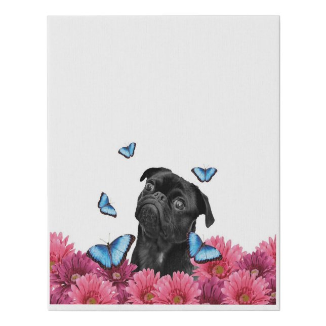 Black Pug With Blue Butterflies And Gerberas Faux Canvas Print (Front)