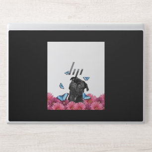 Black Pug With Blue Butterflies And Gerberas HP Laptop Skin