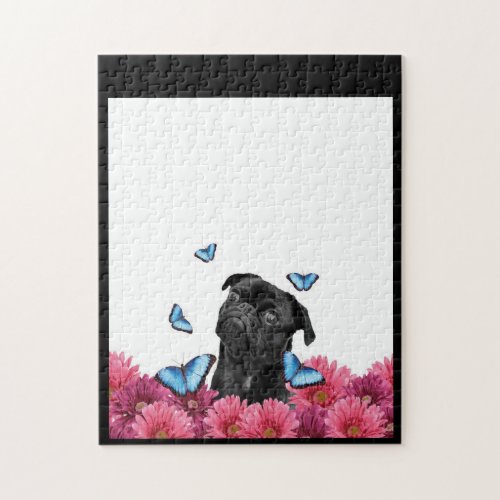Black Pug With Blue Butterflies And Gerberas Jigsaw Puzzle