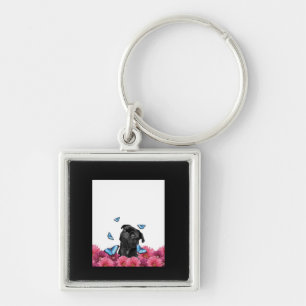 Black Pug With Blue Butterflies And Gerberas Keychain
