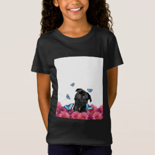 Black Pug With Blue Butterflies And Gerberas T-Shirt