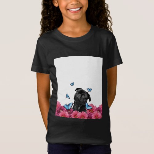 Black Pug With Blue Butterflies And Gerberas T_Shirt