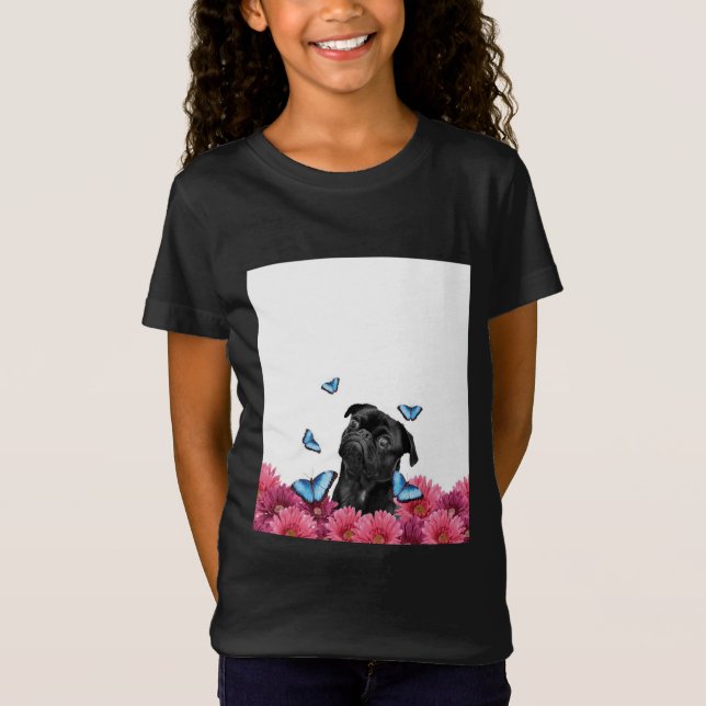 Black Pug With Blue Butterflies And Gerberas T-Shirt (Front)