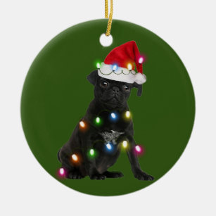 Black Pug With Christmas Scafts Santa Hat Ceramic Ornament