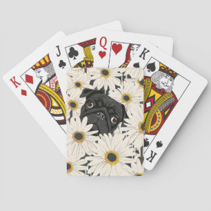 Black Pug with Daisy Flowers Poker Cards