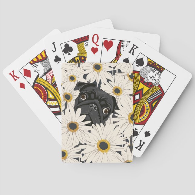 Black Pug with Daisy Flowers Poker Cards (Back)
