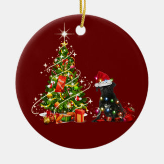 Black pug With Hat Scaft Christmas Ceramic Ornament