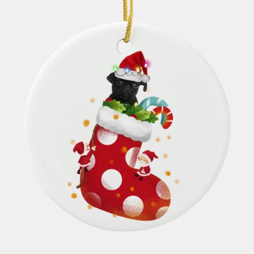 Black pug With Hat Sock Christmas Ceramic Ornament