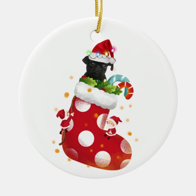 Black pug With Hat Sock Christmas Ceramic Ornament (Front)