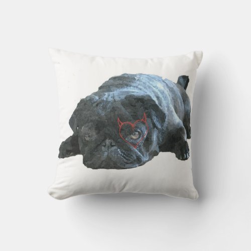 Black Pug With Heart Throw Pillow