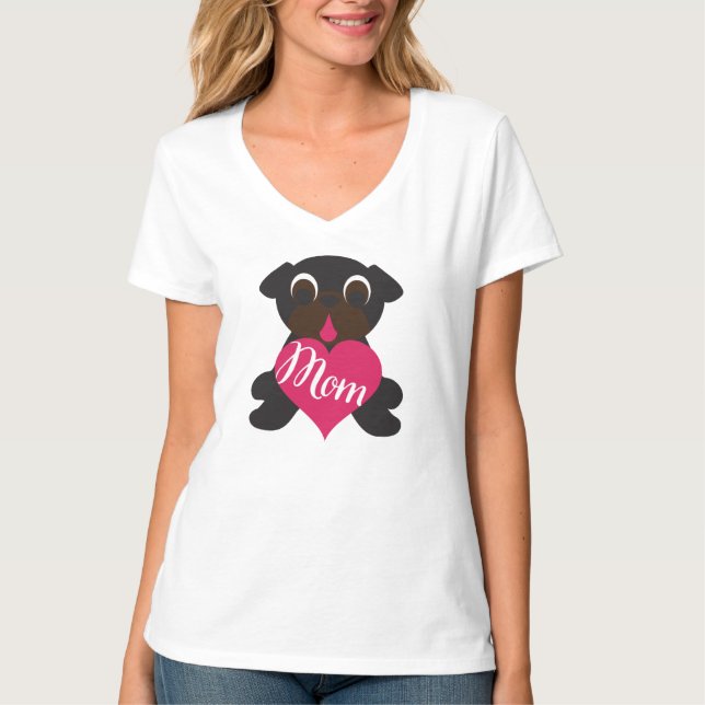 Black Pug With Mom In Heart T-shirt (Front)