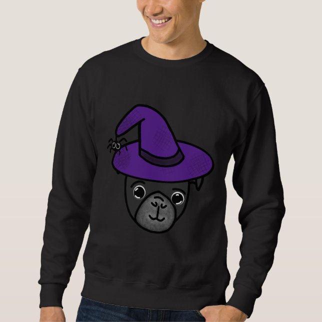 Black Pug with Purple Witch Hat and Spider Friend  Sweatshirt (Front)
