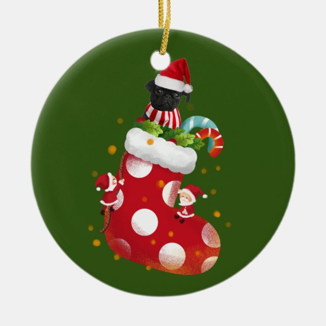 Black Pug With Socking Ceramic Ornament (Front)