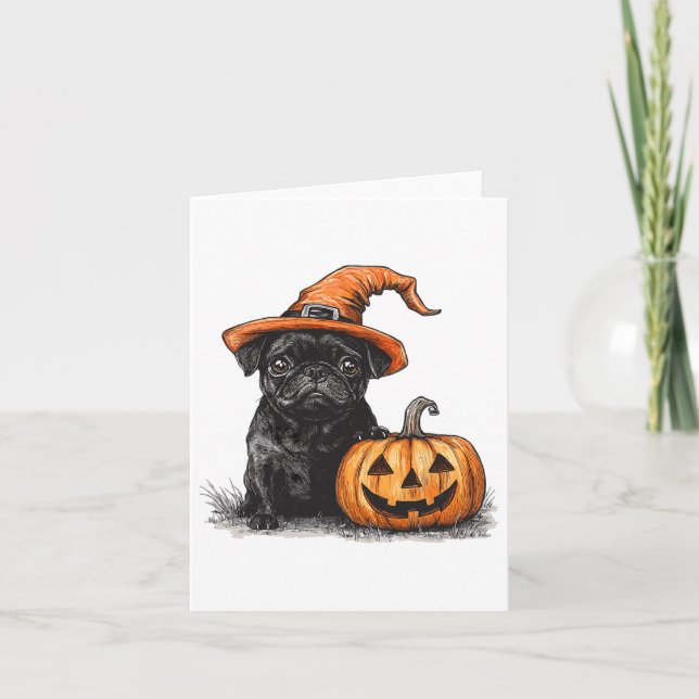 Black Pug With Witch Hat And Pumpkin Halloween Pug Card (Front)